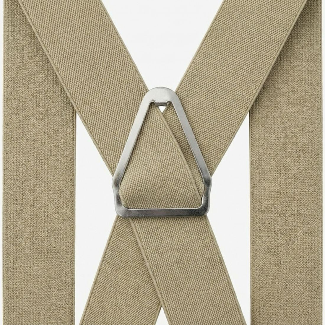 Beige suspenders with a silver clip on a white background