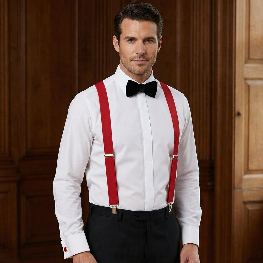 Man wearing a white dress shirt with red suspenders and a black bow tie against a wooden paneled background.