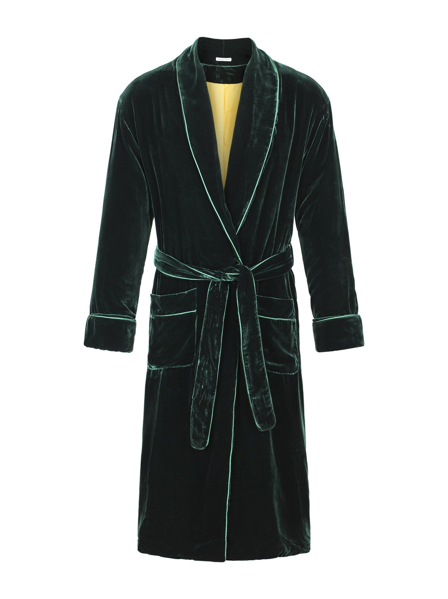 Emerald Isle silk velvet robe in emerald green with contrast piping and gold lining, front