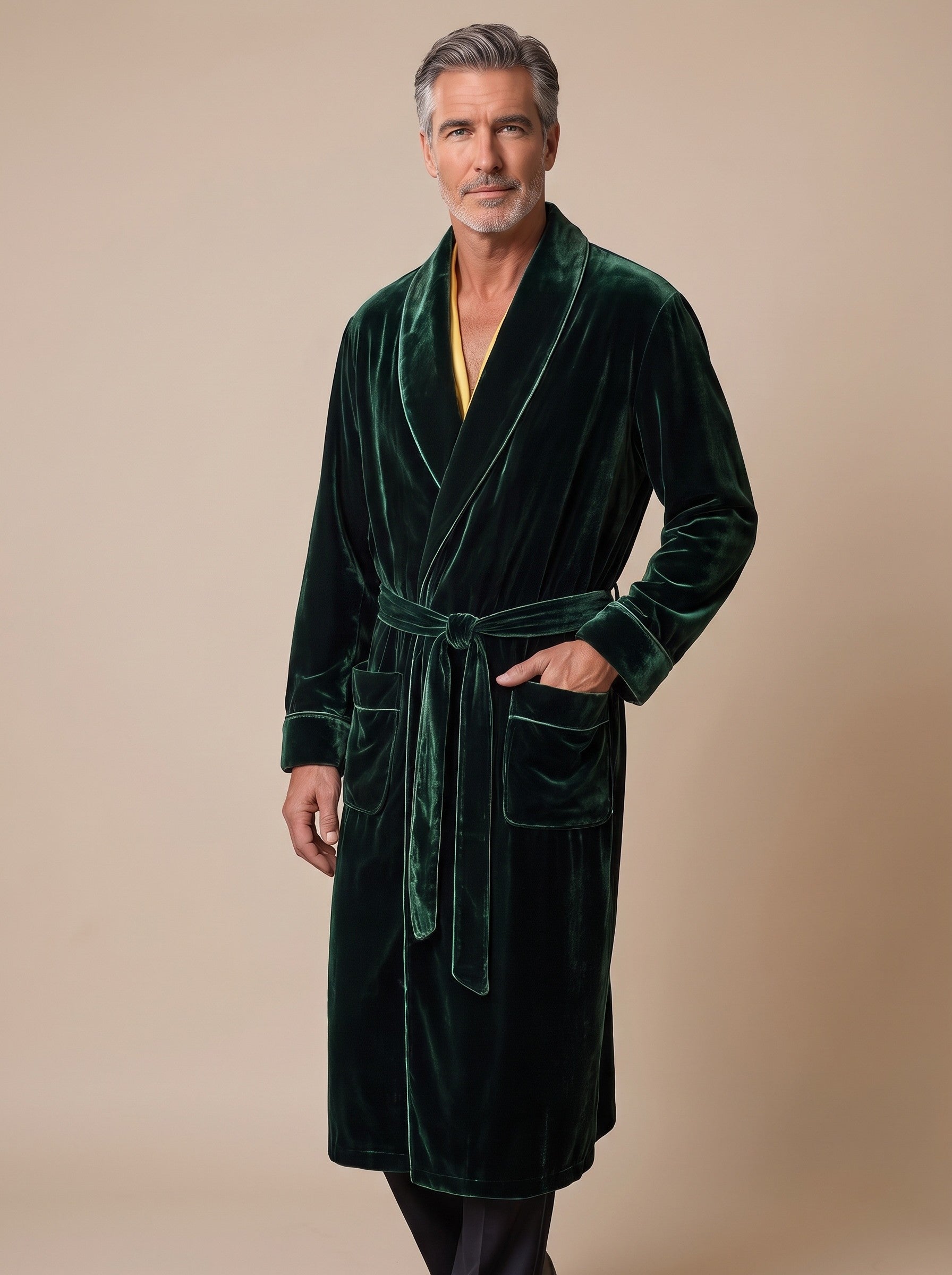 Emerald Isle silk velvet robe worn, front view