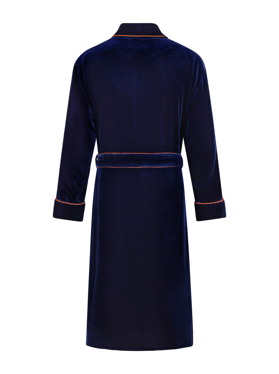 Exeter silk velvet robe in navy, back
