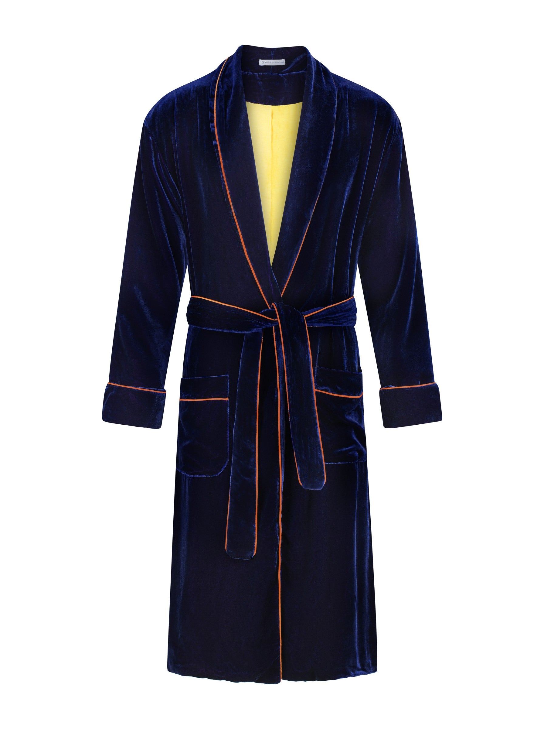 Exeter silk velvet robe in navy with burnt orange piping and gold lining, front