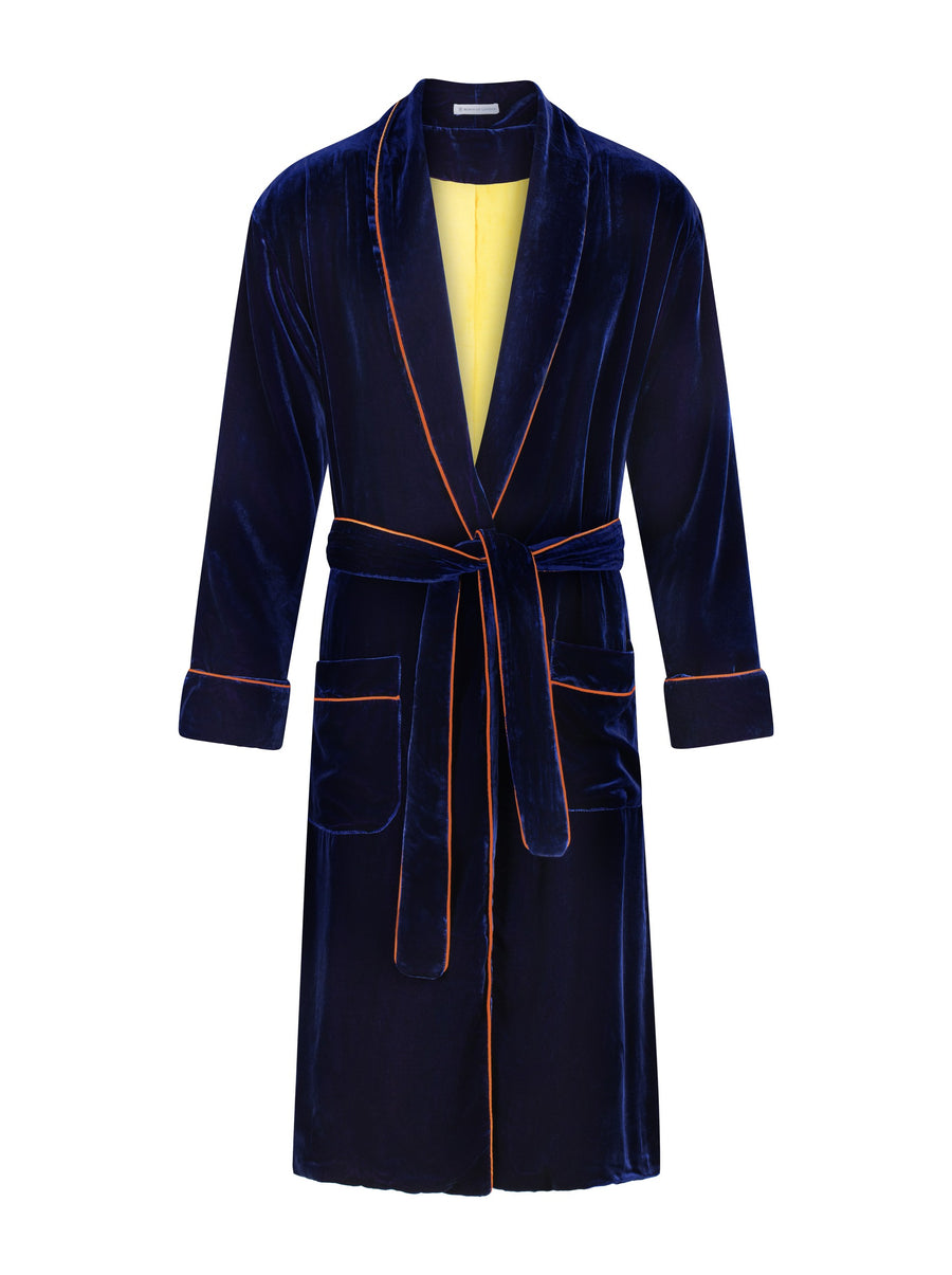 Exeter silk velvet robe in navy with burnt orange piping and gold lining, front