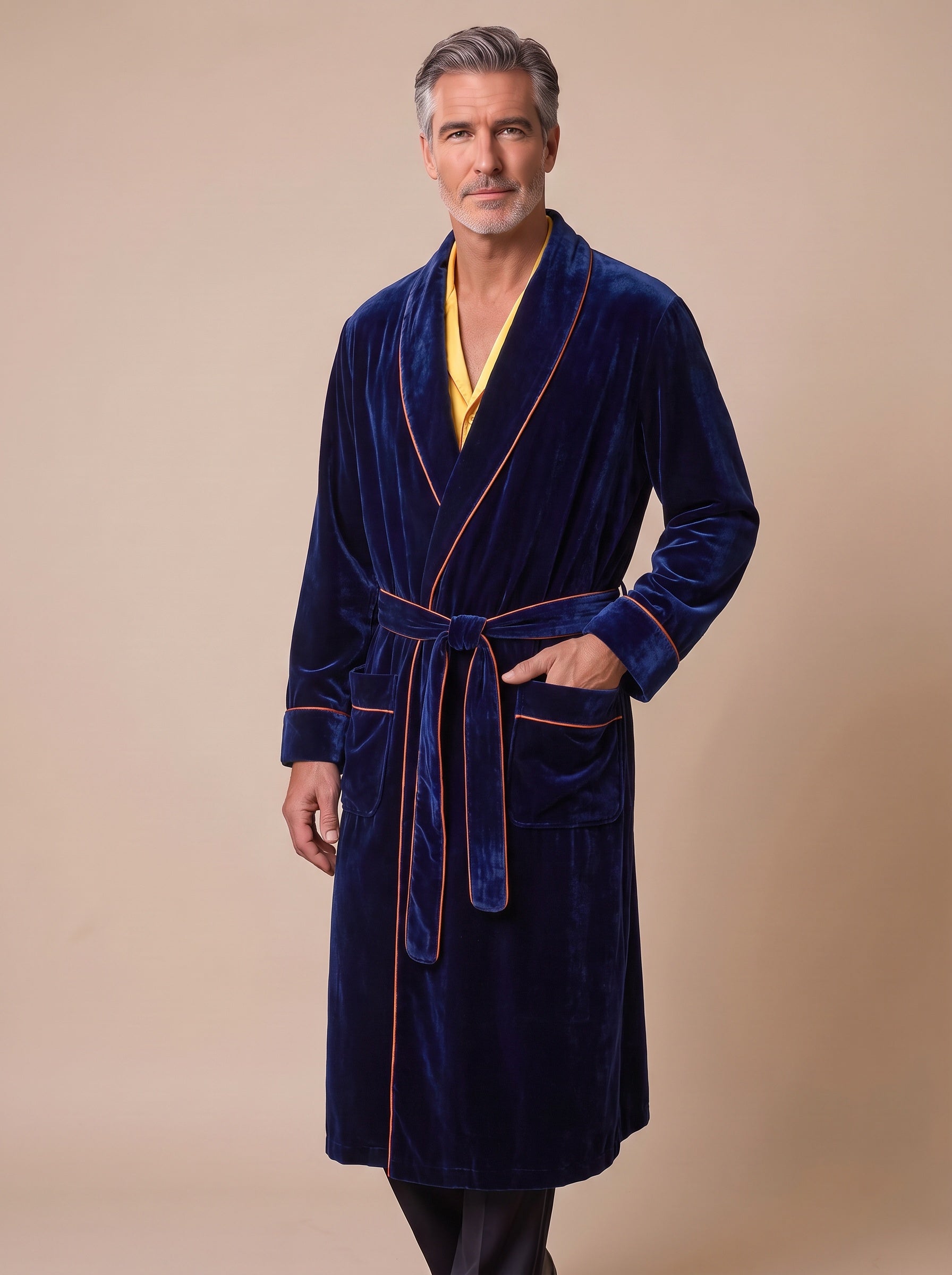 Exeter silk velvet robe in navy with burnt orange piping, front view