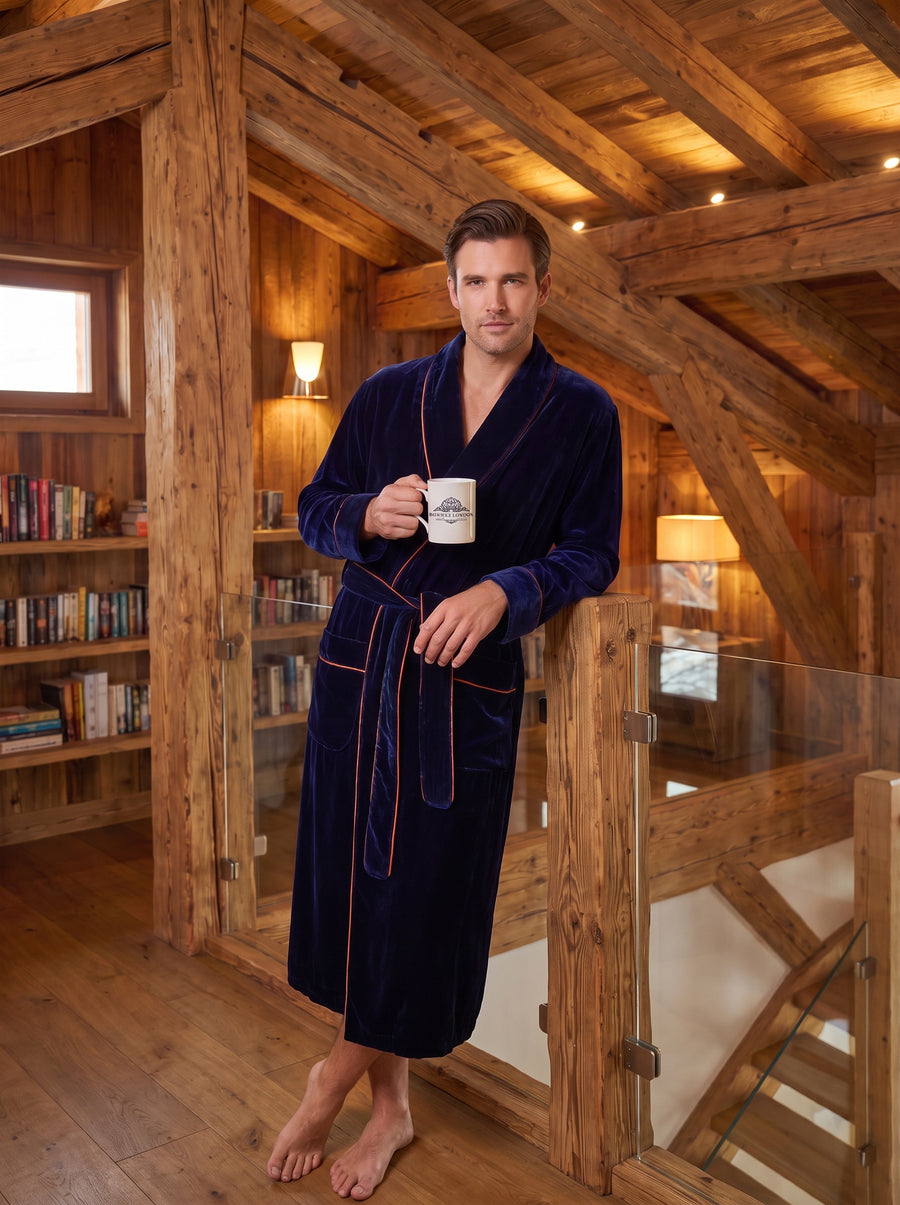 Exeter silk velvet robe worn at home with a morning coffee