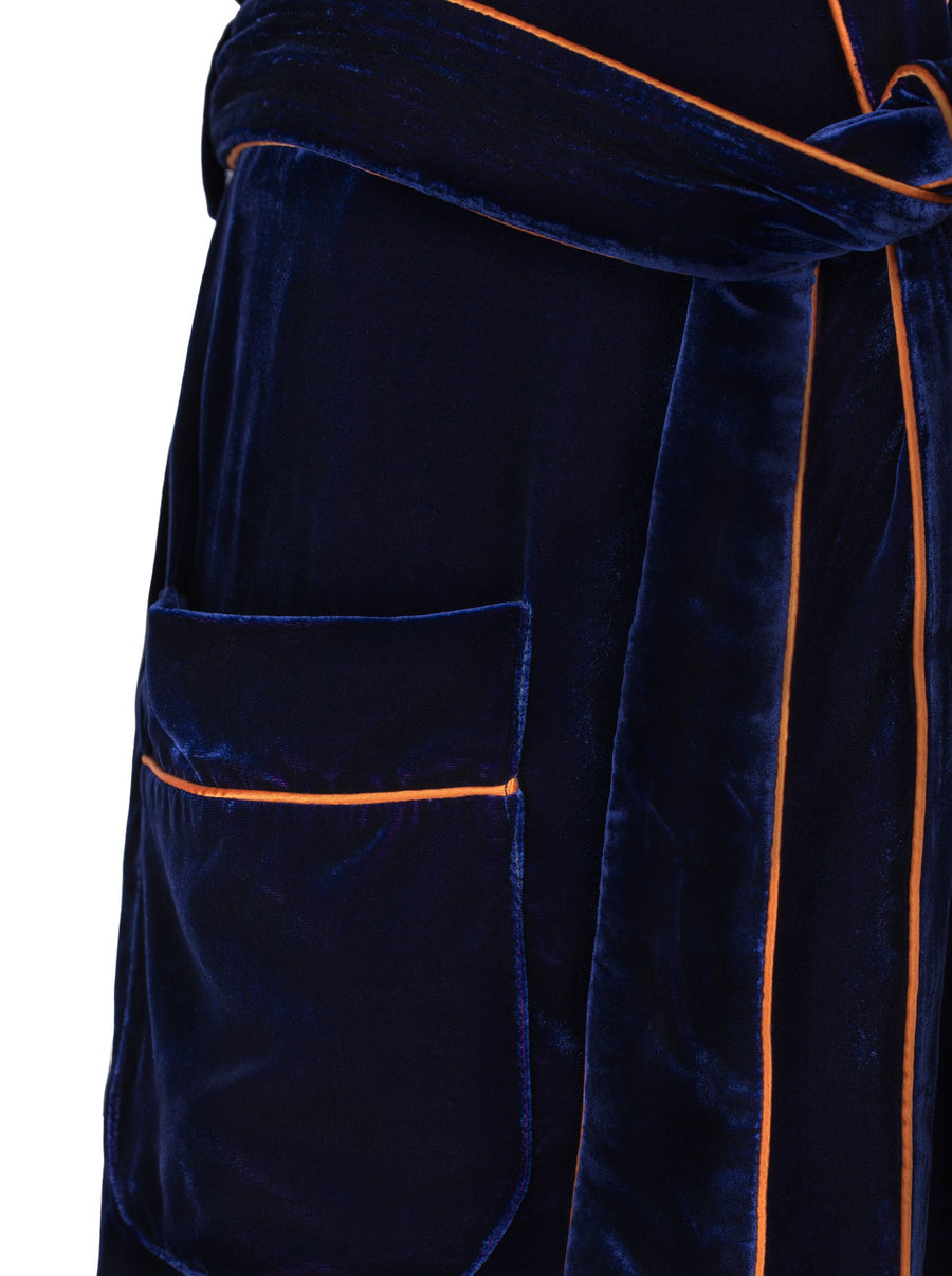 Exeter silk velvet robe patch pocket and burnt orange piping close-up