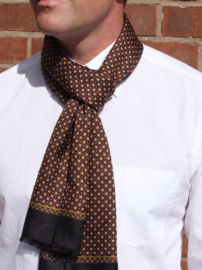 Fitzrovia silk scarf worn with a white shirt
