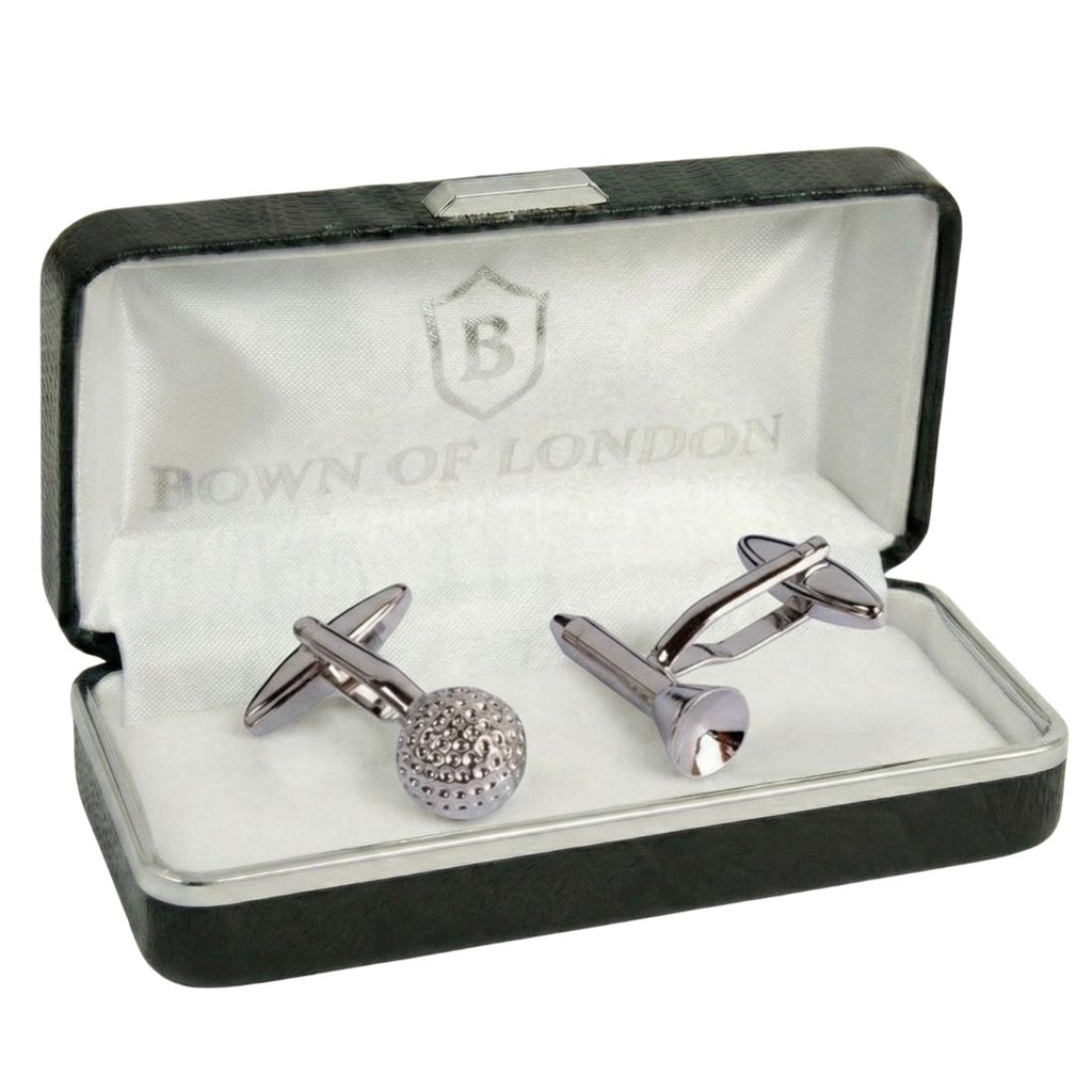 Cufflinks with a golf ball design in a 'Bown of London' box