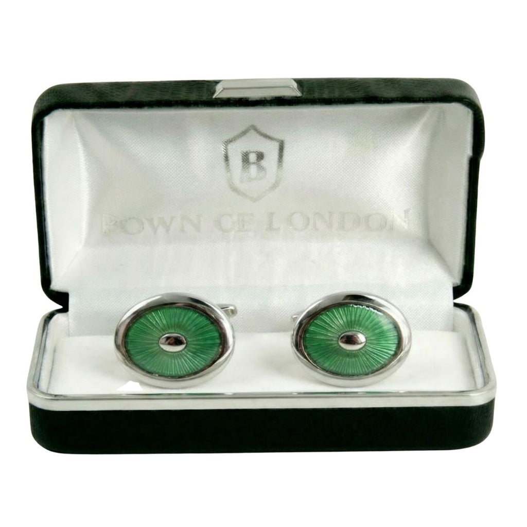 Green cufflinks in a 'Bown of London' box