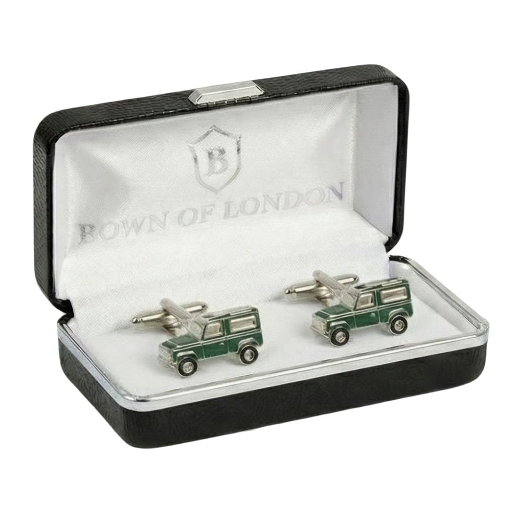 Cufflinks in the shape of a green car in a 'Town of London' branded box. Bown of London