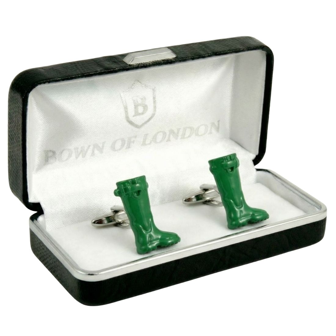 Green boot-shaped cufflinks in a 'Bown of London' box