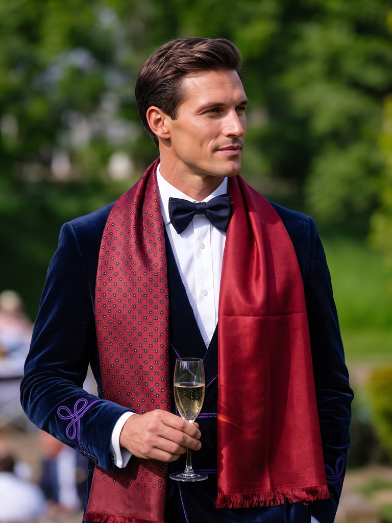 Greenwich red silk scarf worn with a velvet dinner jacket and bow tie