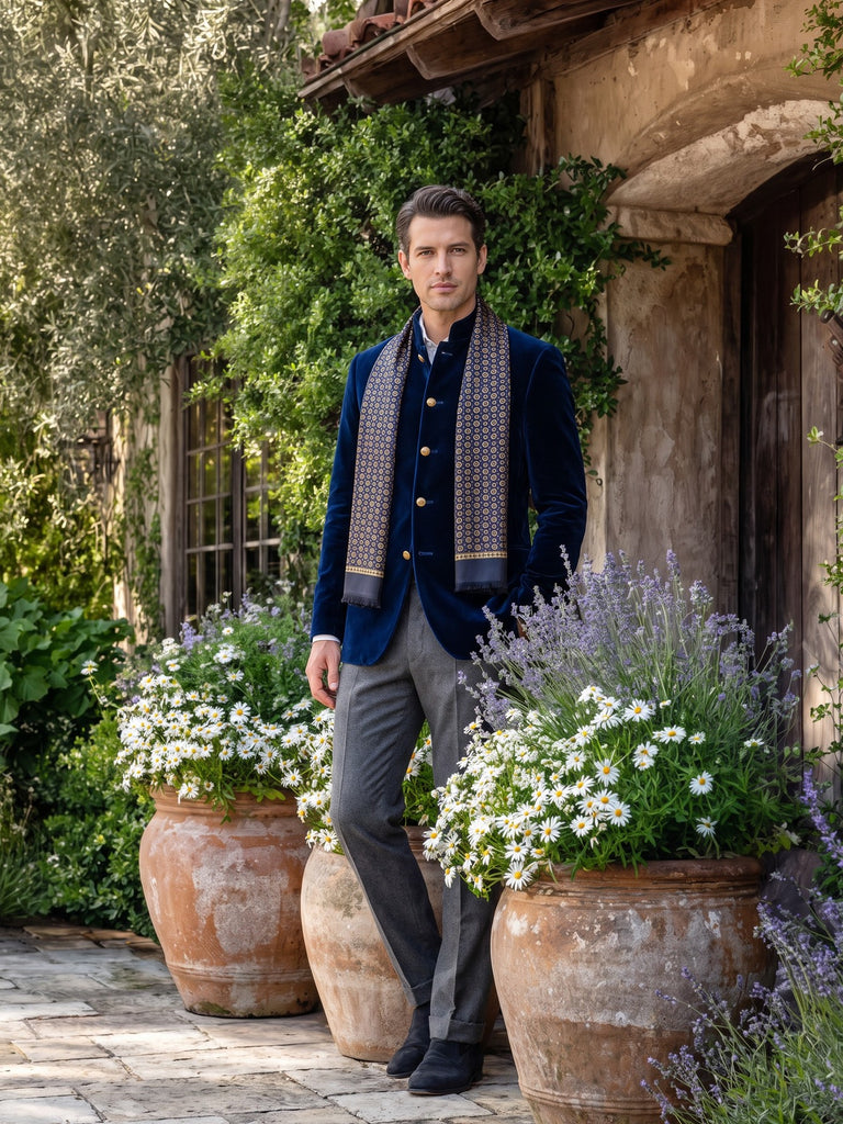 Harrow paisley silk scarf worn with a navy velvet jacket