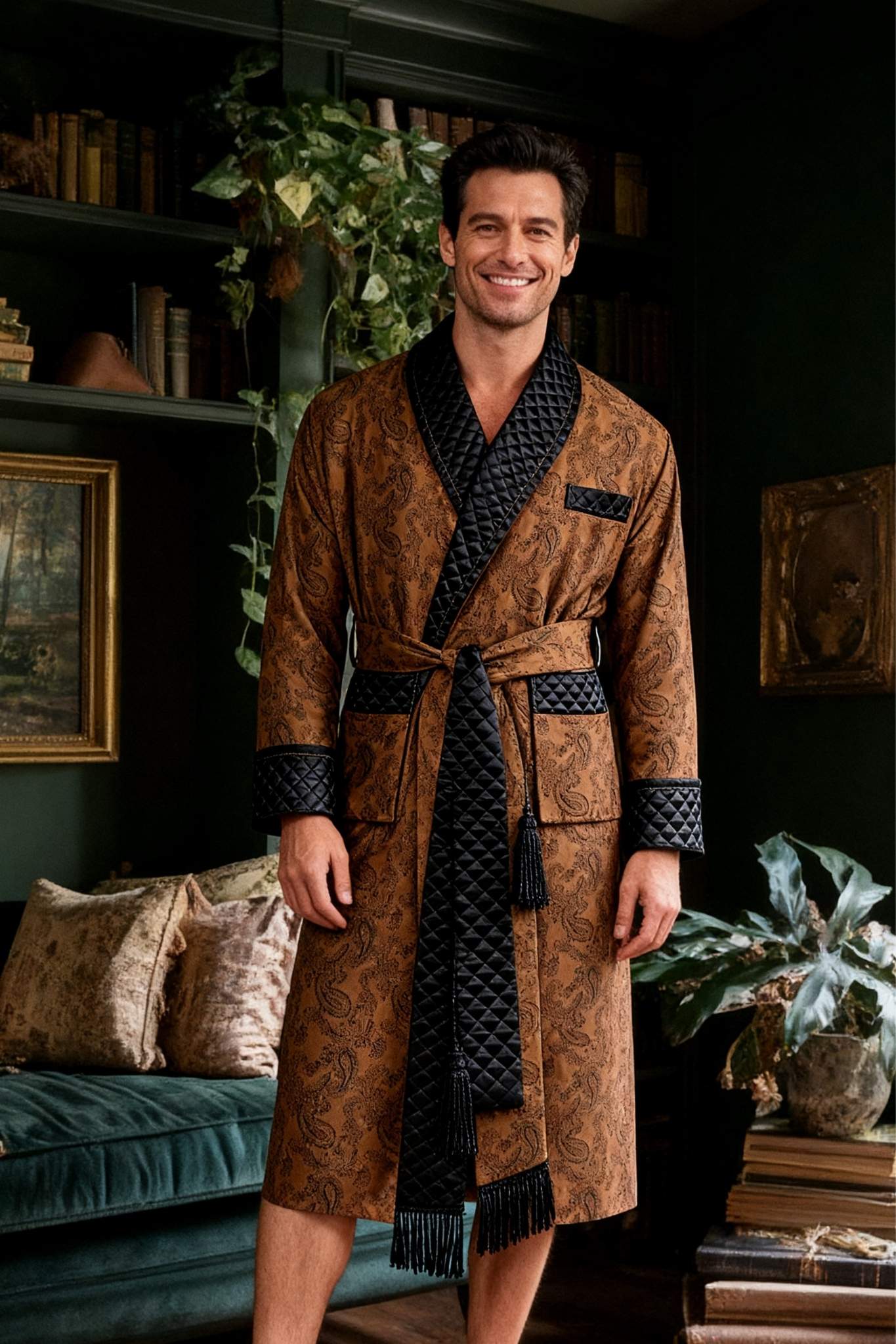 Man wearing a gold patterned robe in a cozy room with books and plants.