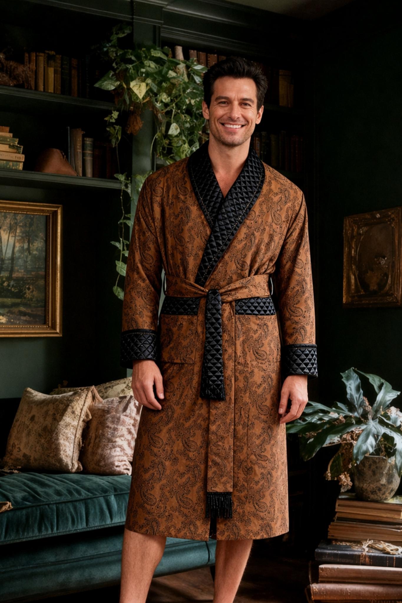 Man wearing a gold patterned robe standing in a room with bookshelves and decor.