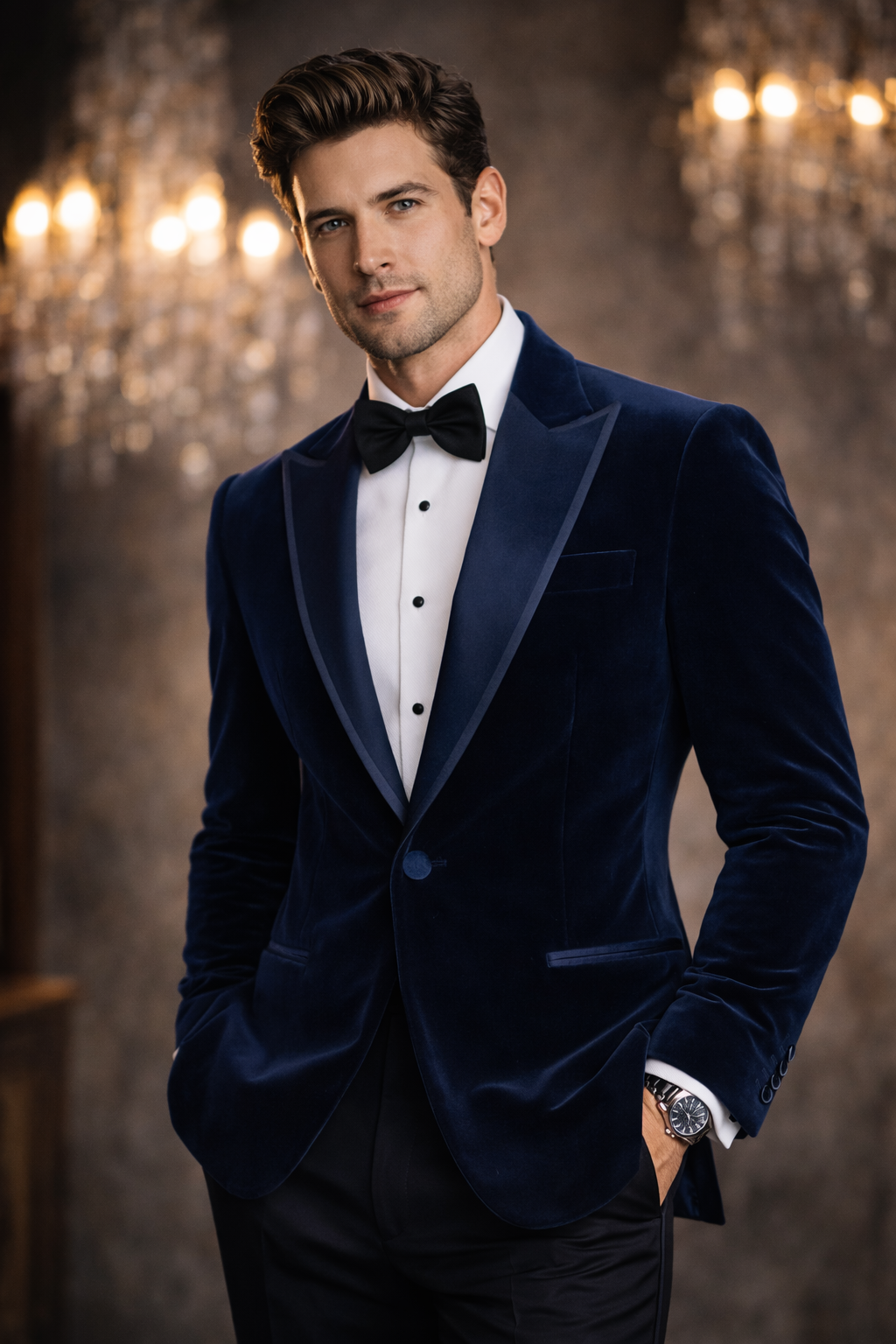 Man wearing a blue velvet suit with a bow tie in a dimly lit room.