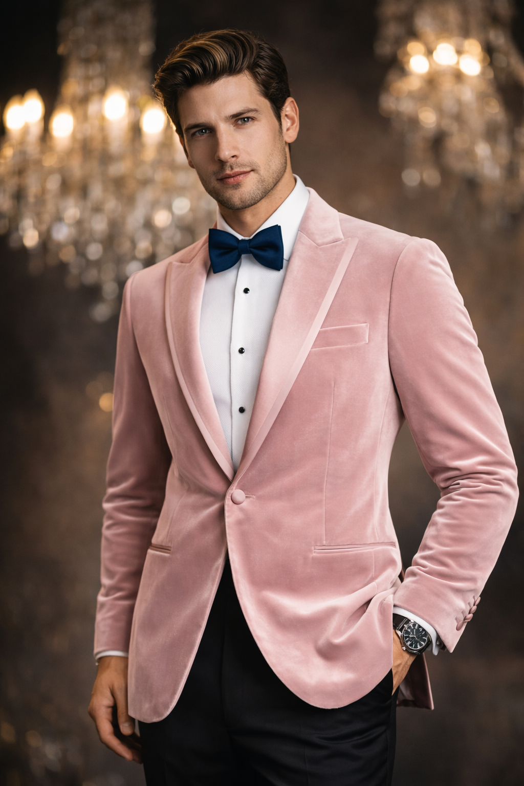 Man wearing a pink velvet suit with a bow tie in a glamorous setting.