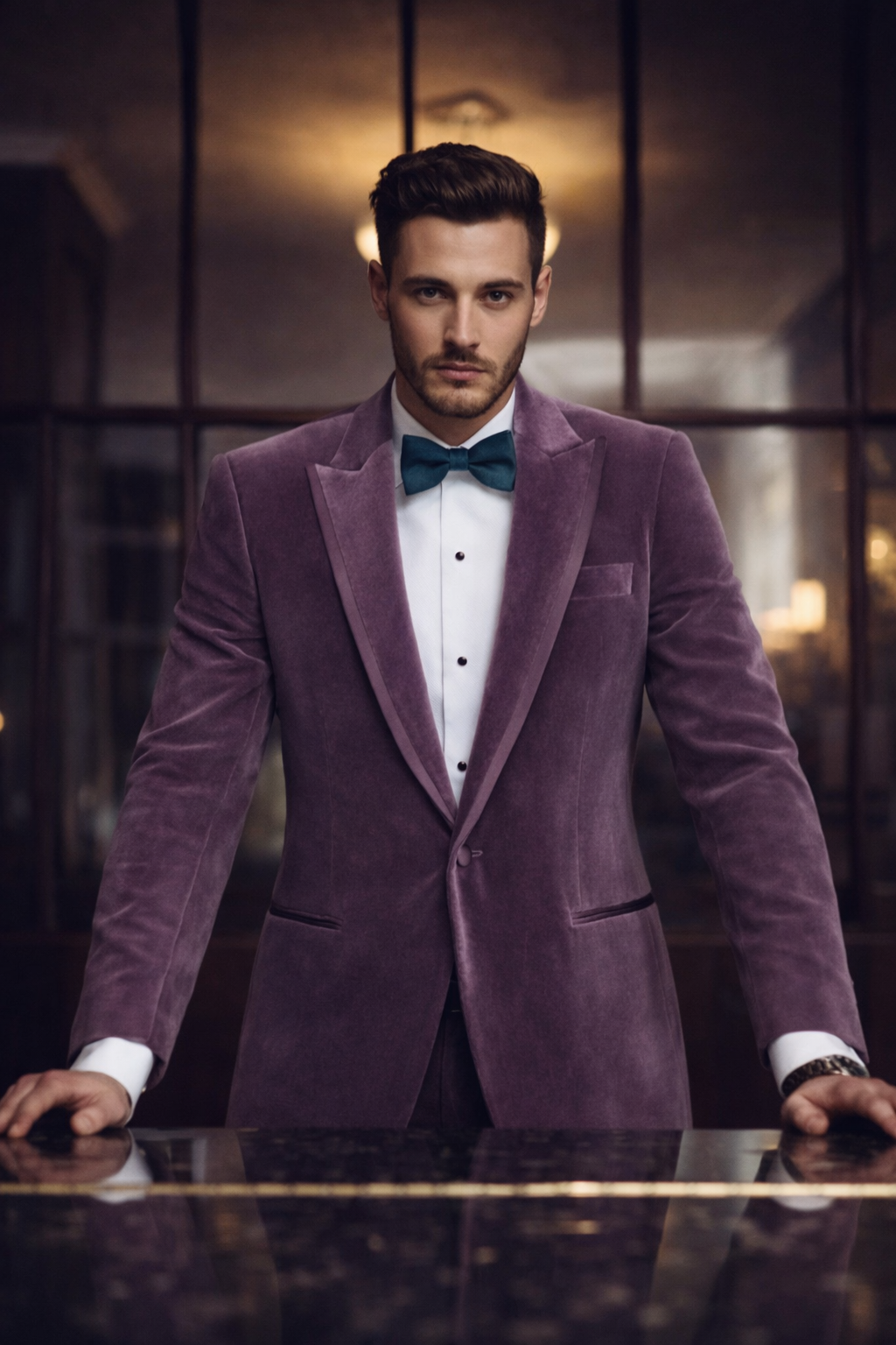 Man wearing a purple velvet suit with a bow tie in an elegant setting.