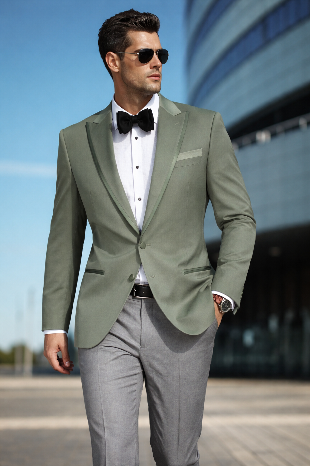Man in a green suit and sunglasses standing outdoors with a modern building in the background