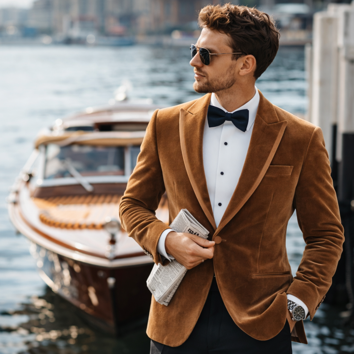 Man in a brown velvet blazer and bow tie standing by a body of water with boats in the background.
