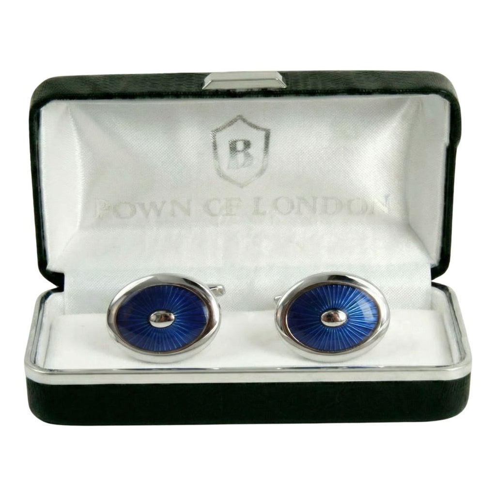 Blue cufflinks in a 'Bown of London' branded box