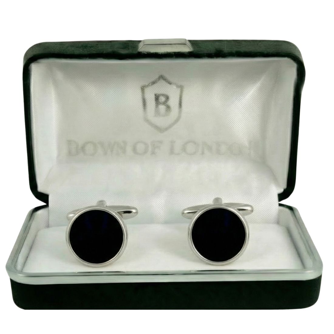 Black cufflinks in a 'Bown of London' box