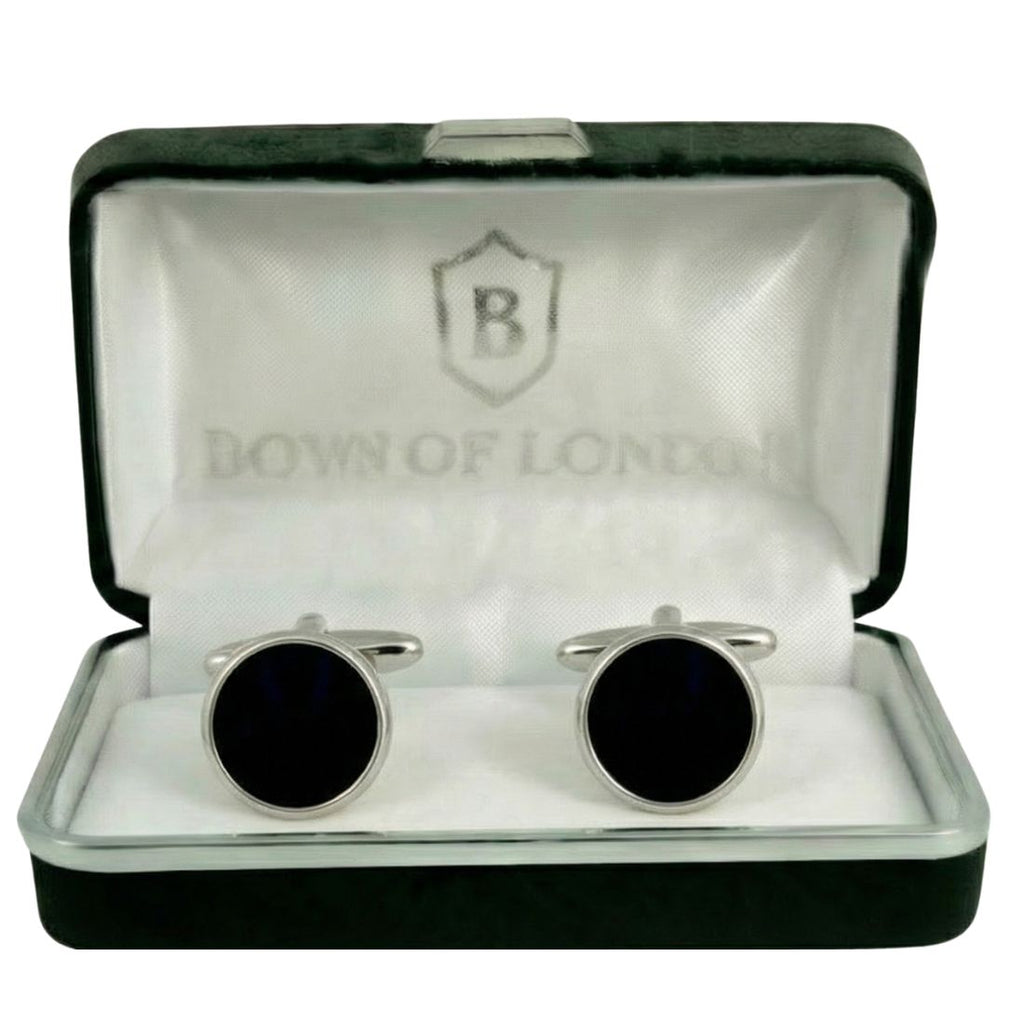 Black cufflinks in a 'Bown of London' box