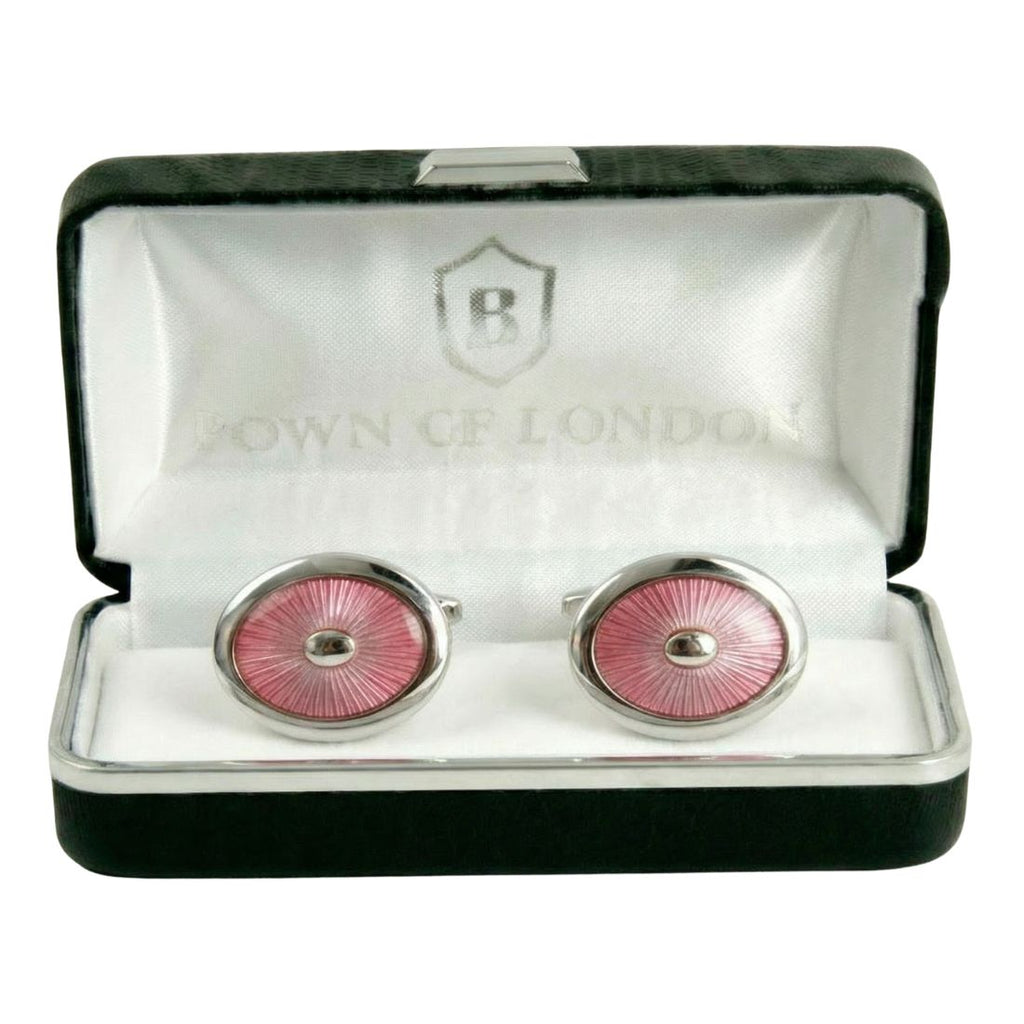 Pink cufflinks in a 'Bown of London' box