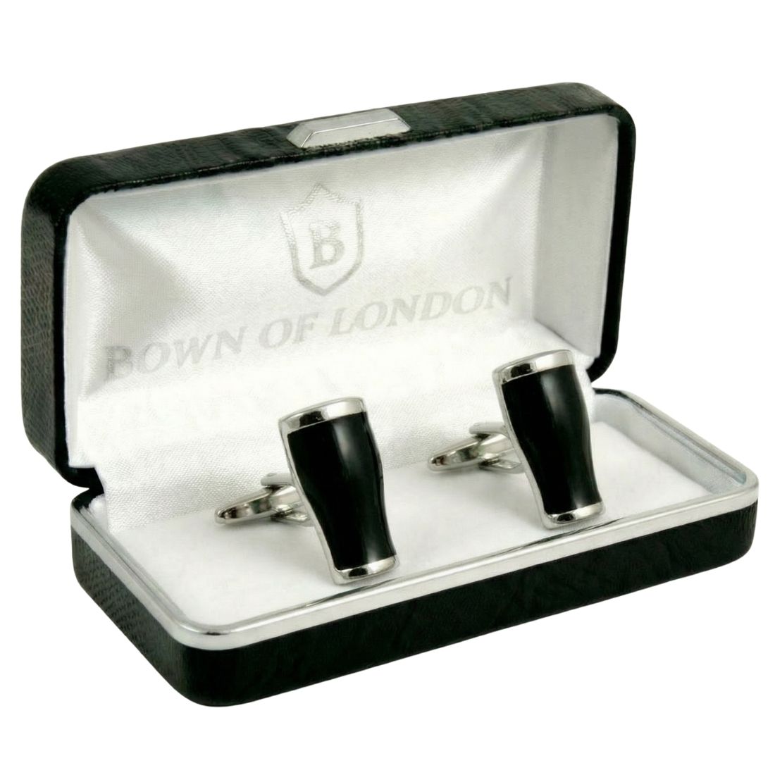Black and silver cufflinks in a 'Bown of London' branded box on a white background