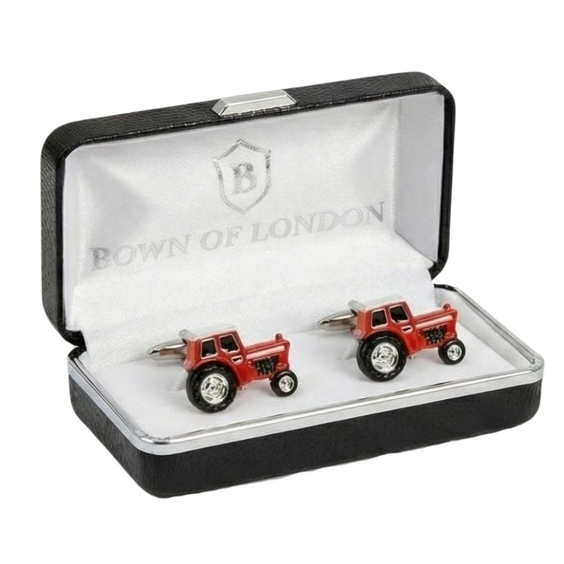Red tractor-shaped cufflinks in a 'Bown of London' box