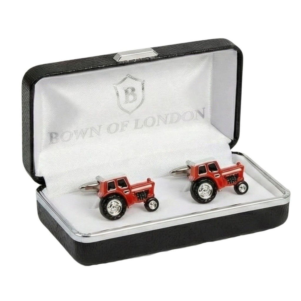 Red tractor-shaped cufflinks in a 'Bown of London' box