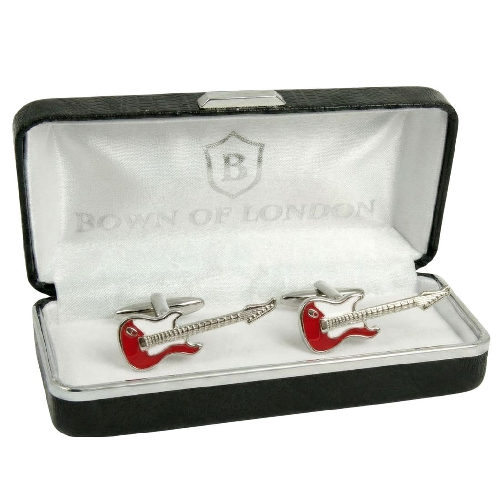 Guitar-shaped cufflinks in a 'Bown of London' box