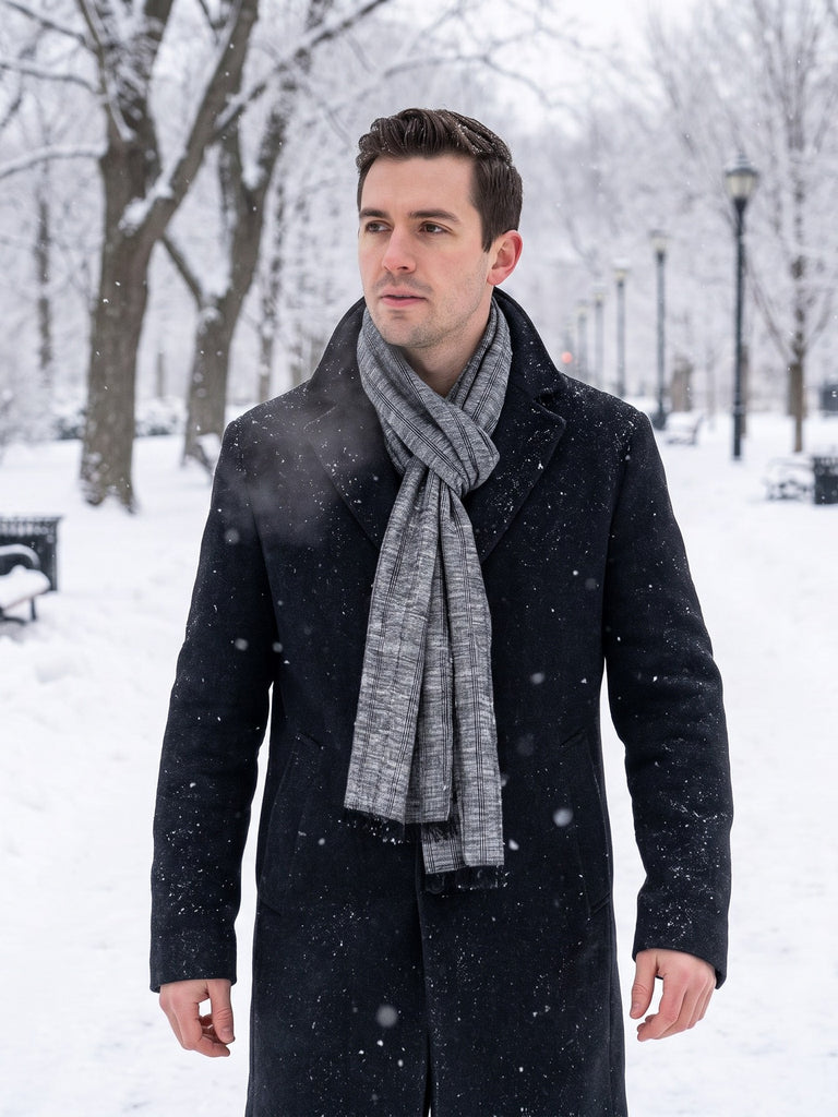 Richmond grey jacquard silk scarf worn with a black overcoat in the snow