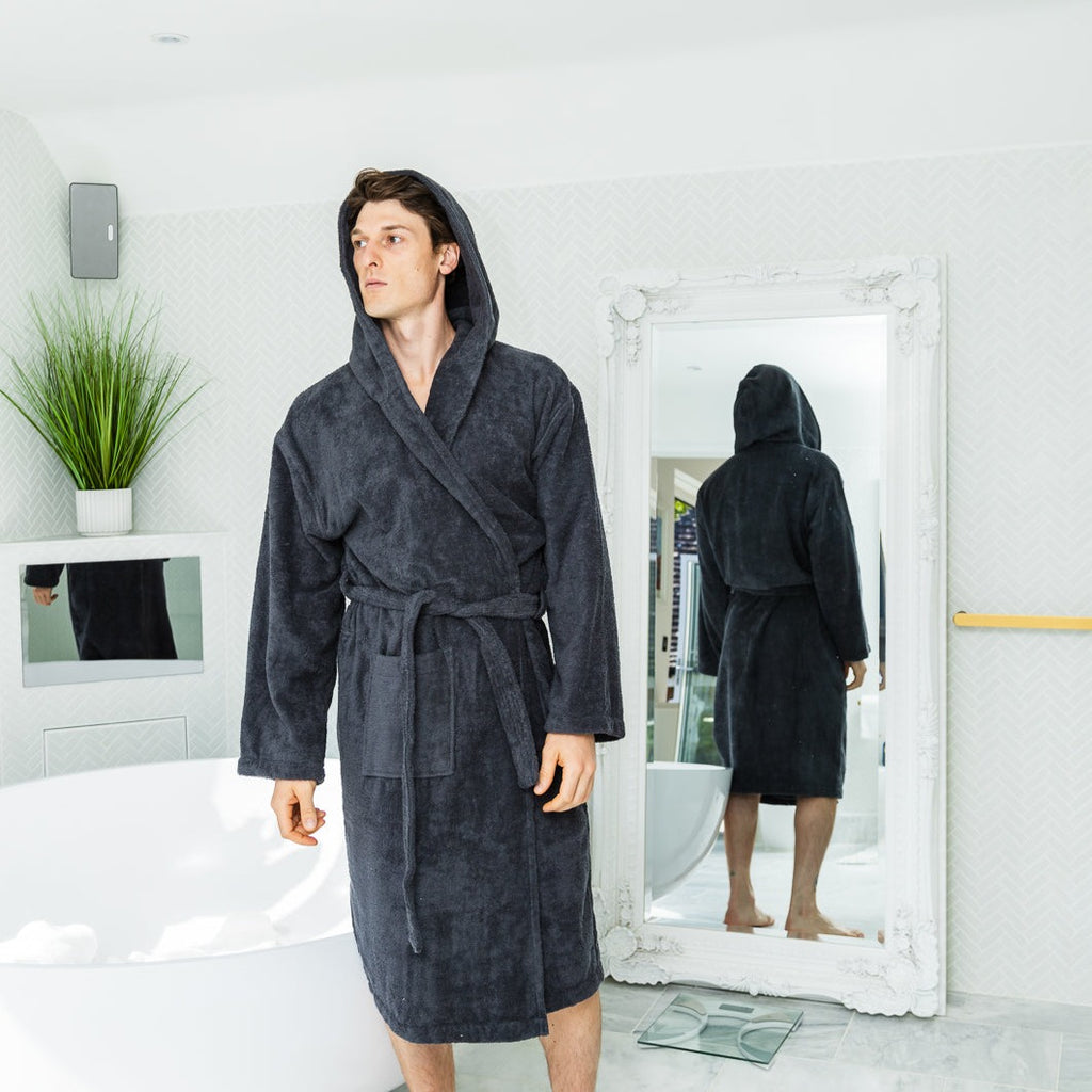 Men's Heavyweight Hooded Nua Cotton Dressing Gown - Dark Grey | Bown of London Hooded