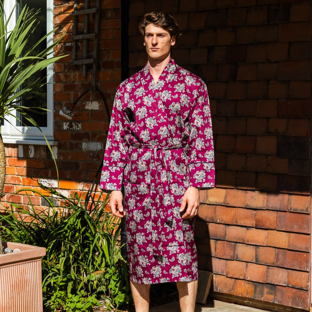 Lightweight Men's Dressing Gown - Gatsby Paisley Wine Main Image | Poolside Summer Lightweight Robe