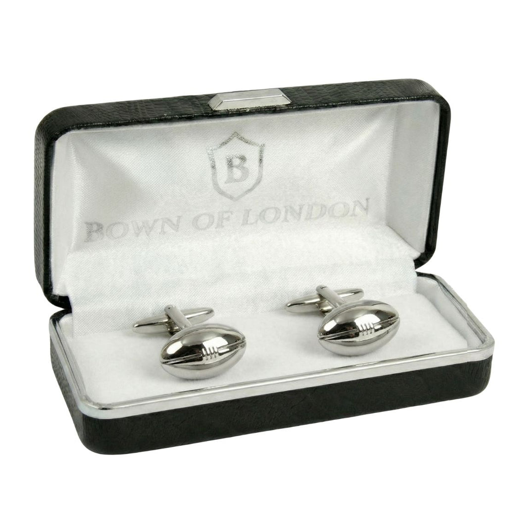 Rugby cufflinks in a box. Bown of London