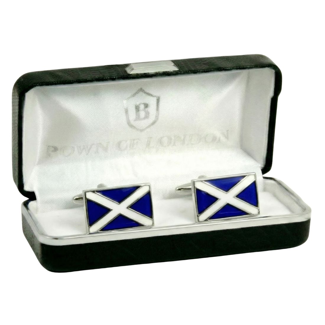 Pair of cufflinks with a Scottish flag design in a branded box. Bown of London