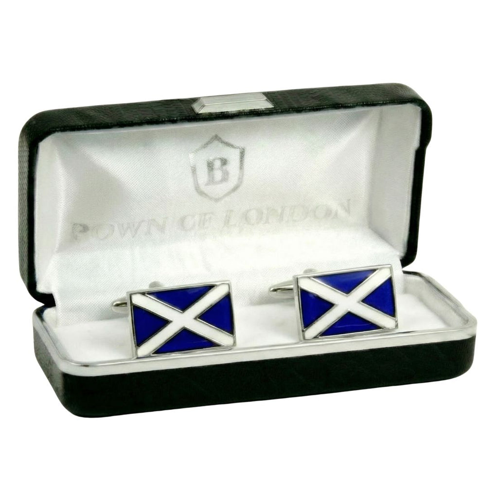 Pair of cufflinks with a Scottish flag design in a branded box. Bown of London