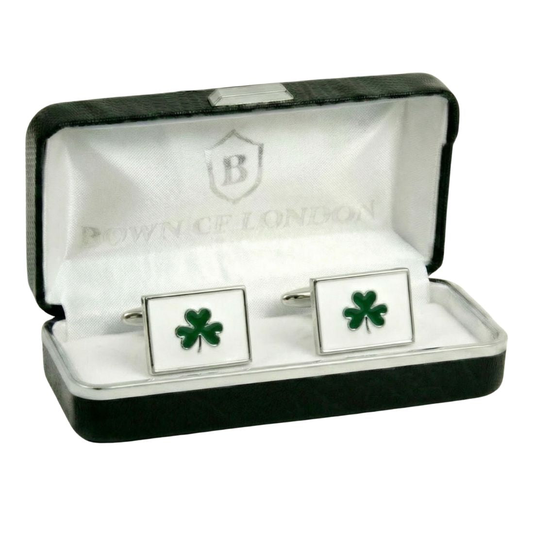 Cufflinks with a shamrock design in a branded box. Bown of London.