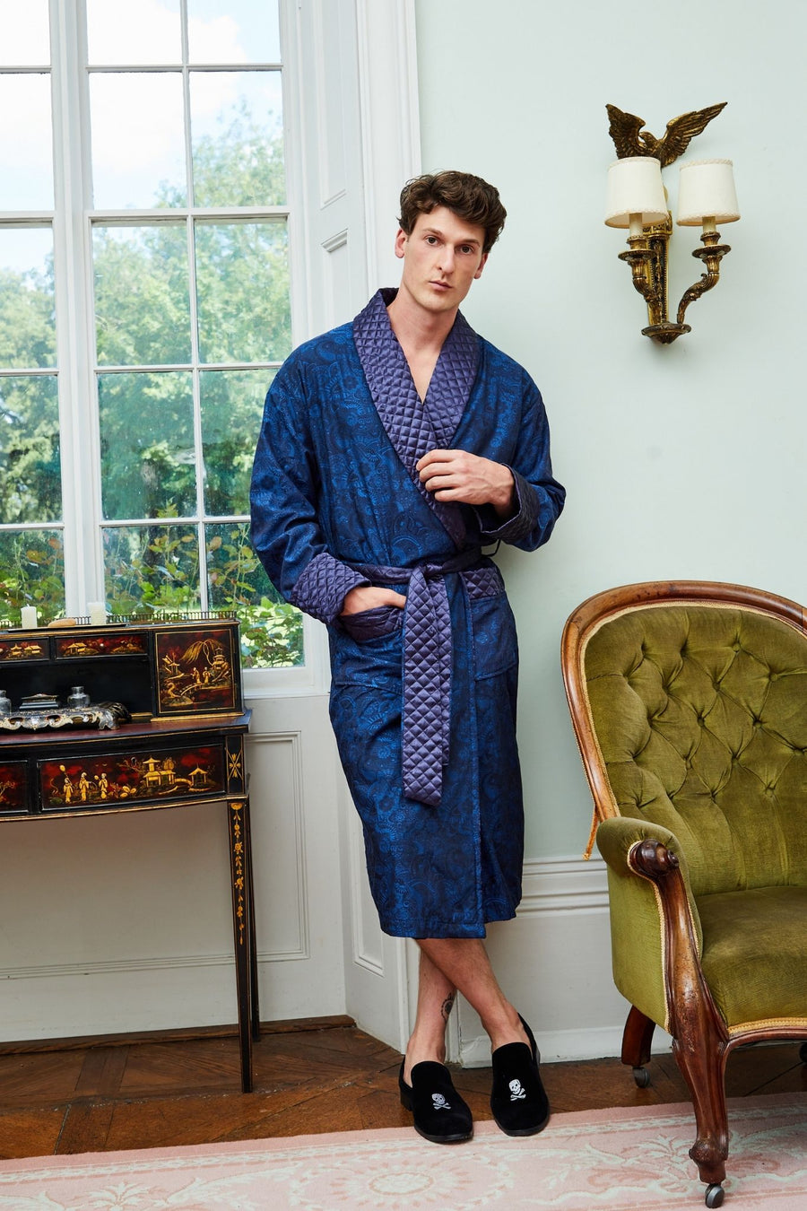 Sherlock Blue Men's Long Smoking Jacket - Model Lifestyle | Bown of London