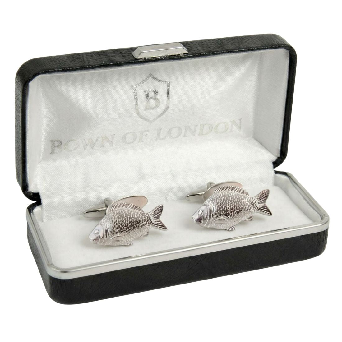 Silver fish-shaped cufflinks in a 'Town of London' box
