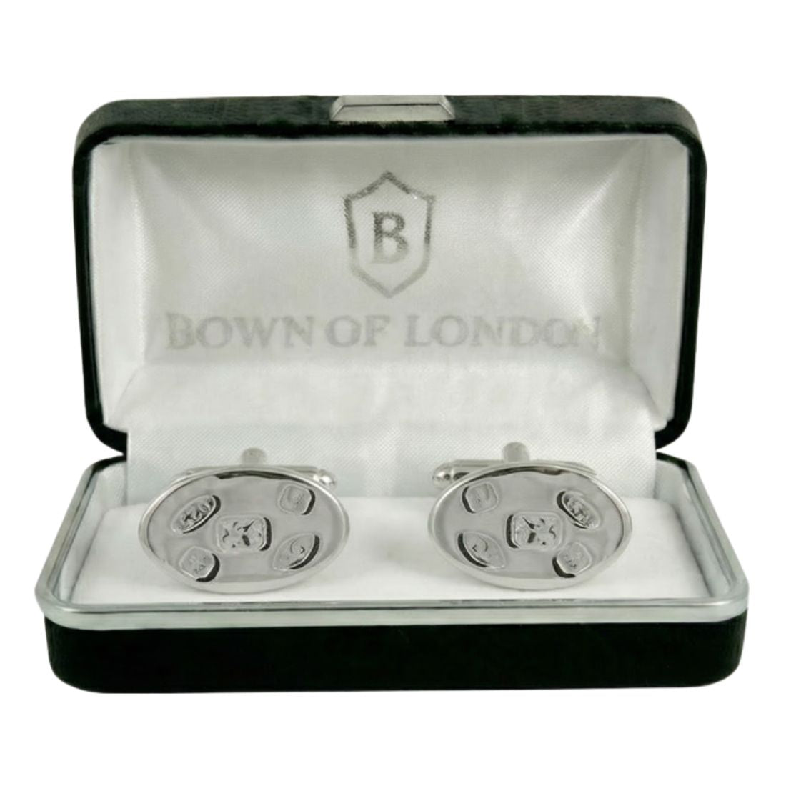 Silver cufflinks in a Bown of London box