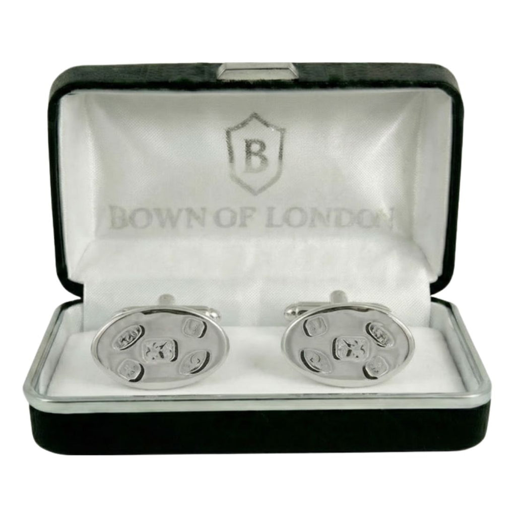 Silver cufflinks in a Bown of London box