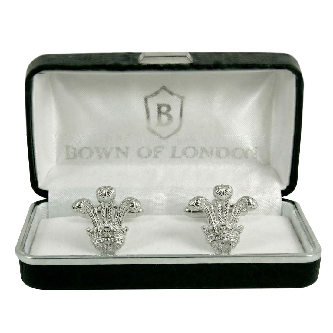 Silver crown-shaped cufflinks in a Bown of London box