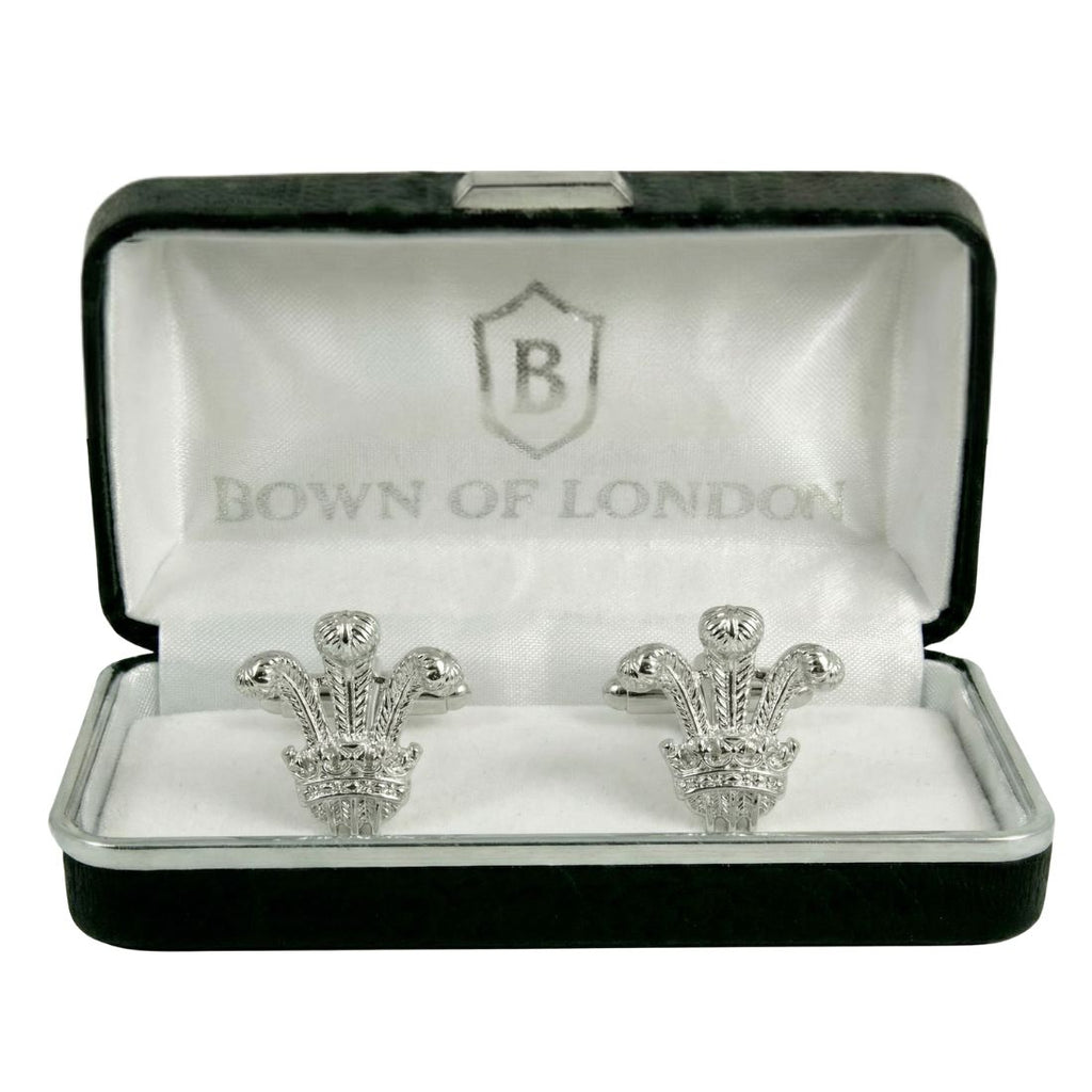 Silver crown-shaped cufflinks in a Bown of London box