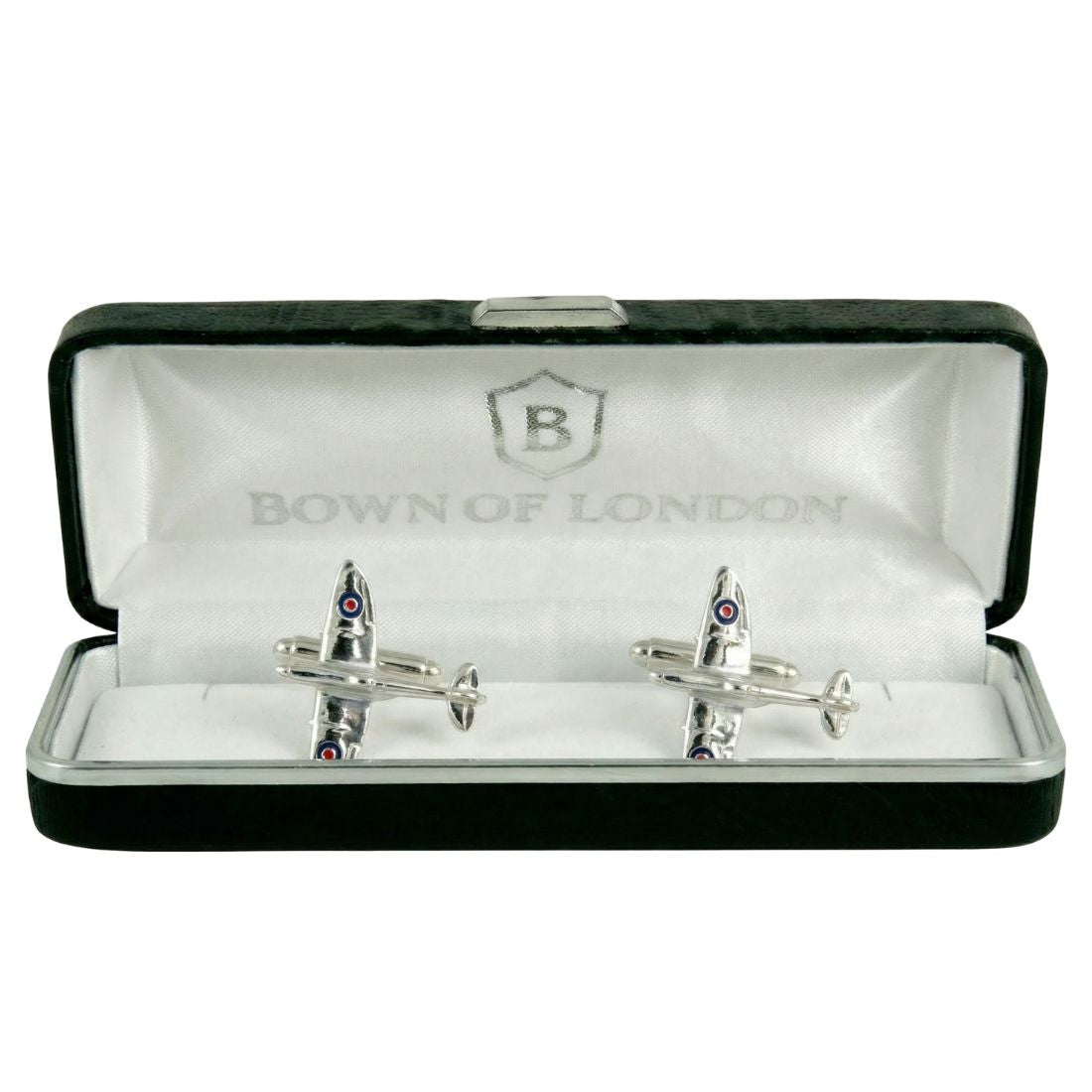 Silver airplane-shaped cufflinks in a Bown of London box