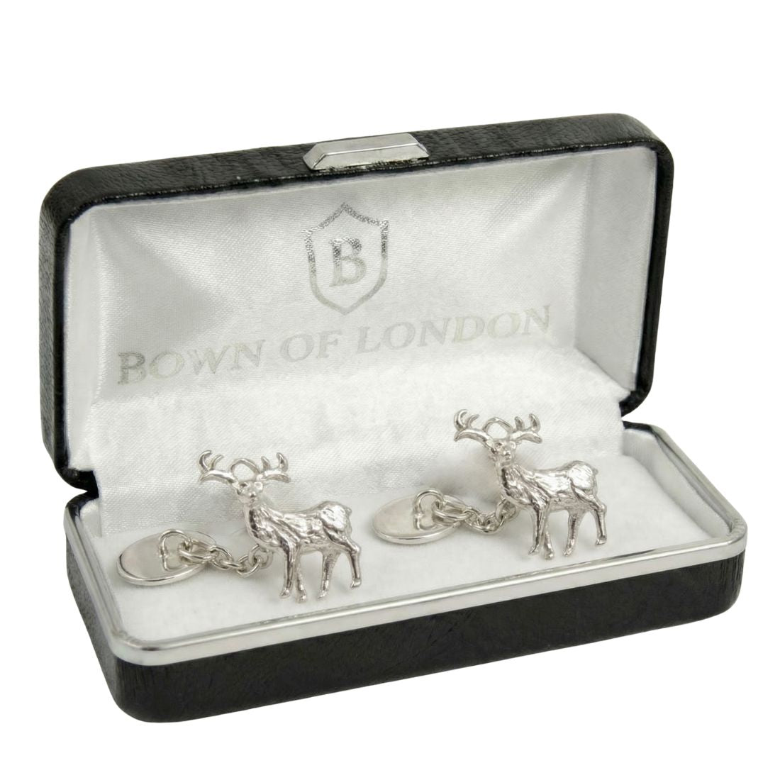 Silver deer-shaped cufflinks in a 'Bown of London' box
