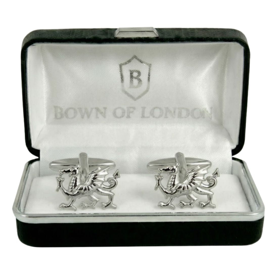 Silver dragon cufflinks in a Bown of London box