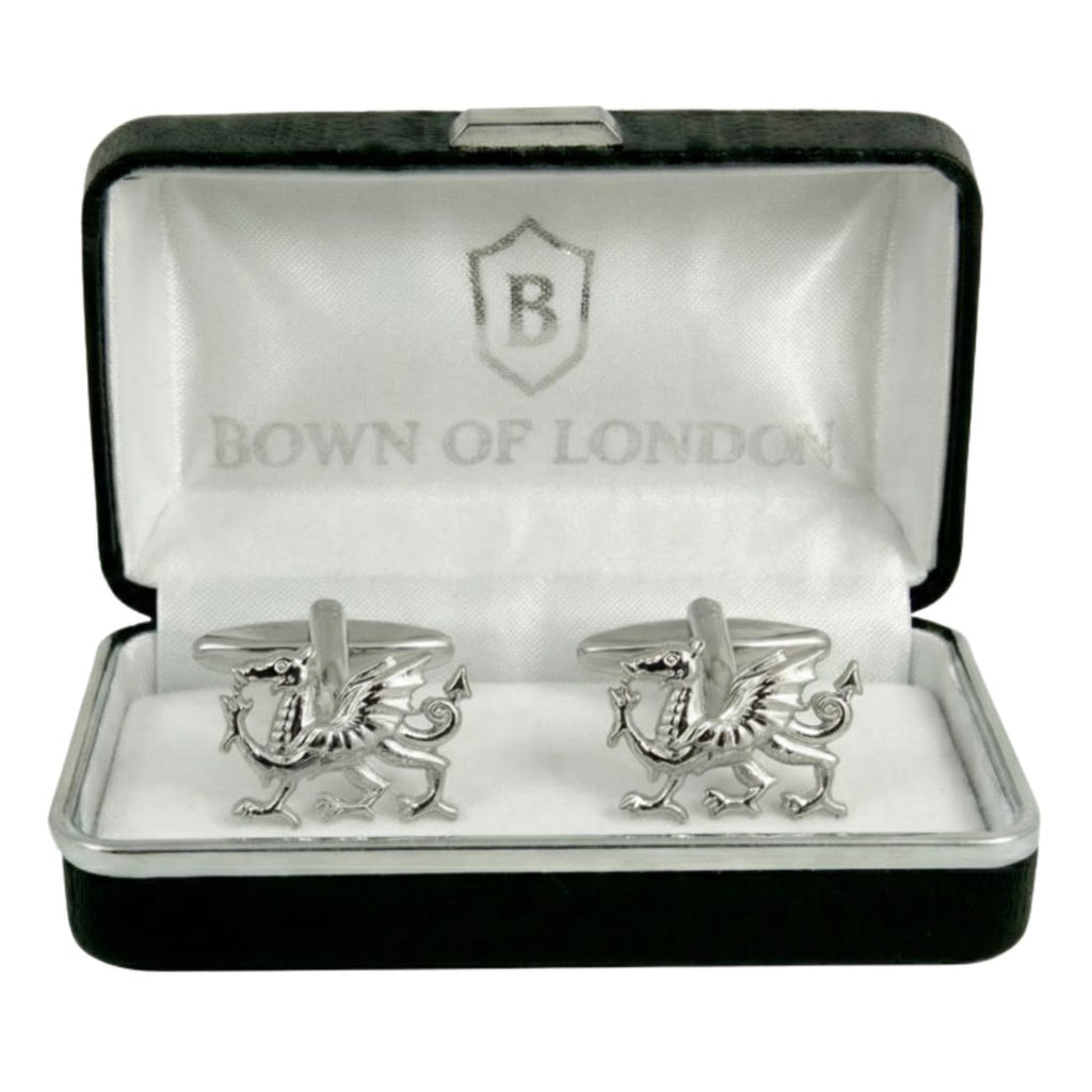 Silver dragon cufflinks in a Bown of London box