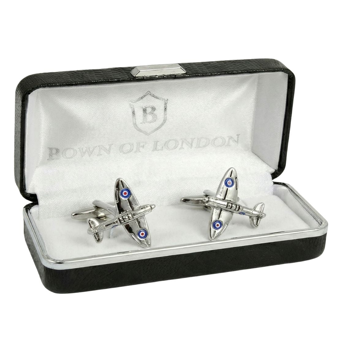 Silver airplane-shaped cufflinks in a 'Bown of London' box